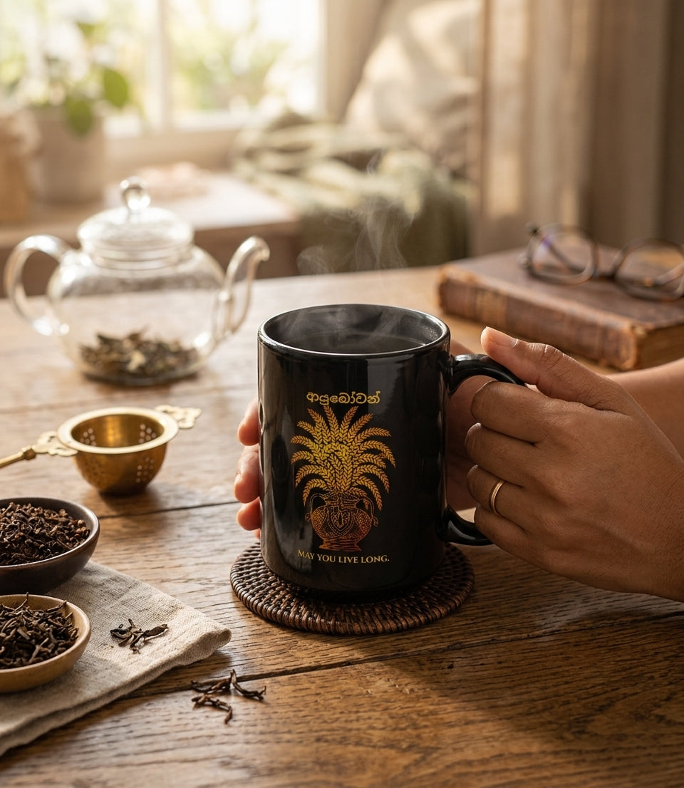 Ayubowan Black Coffee Mug Sri Lankan Punkalasa Gold Blessing May You Live Long Cup