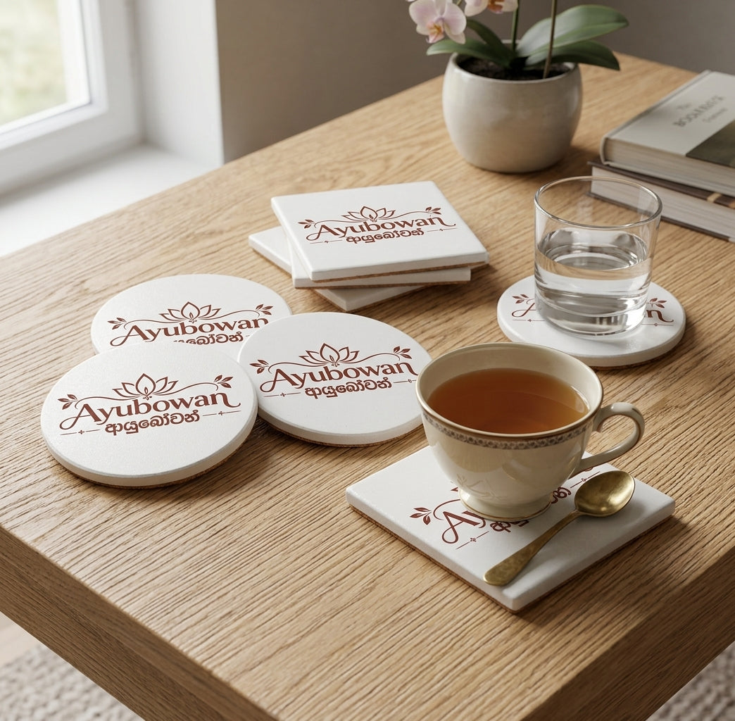 Ayubowan Lotus  Ceramic Coaste Sri Lankan Blessing Burgundy Typography Drink Coaster