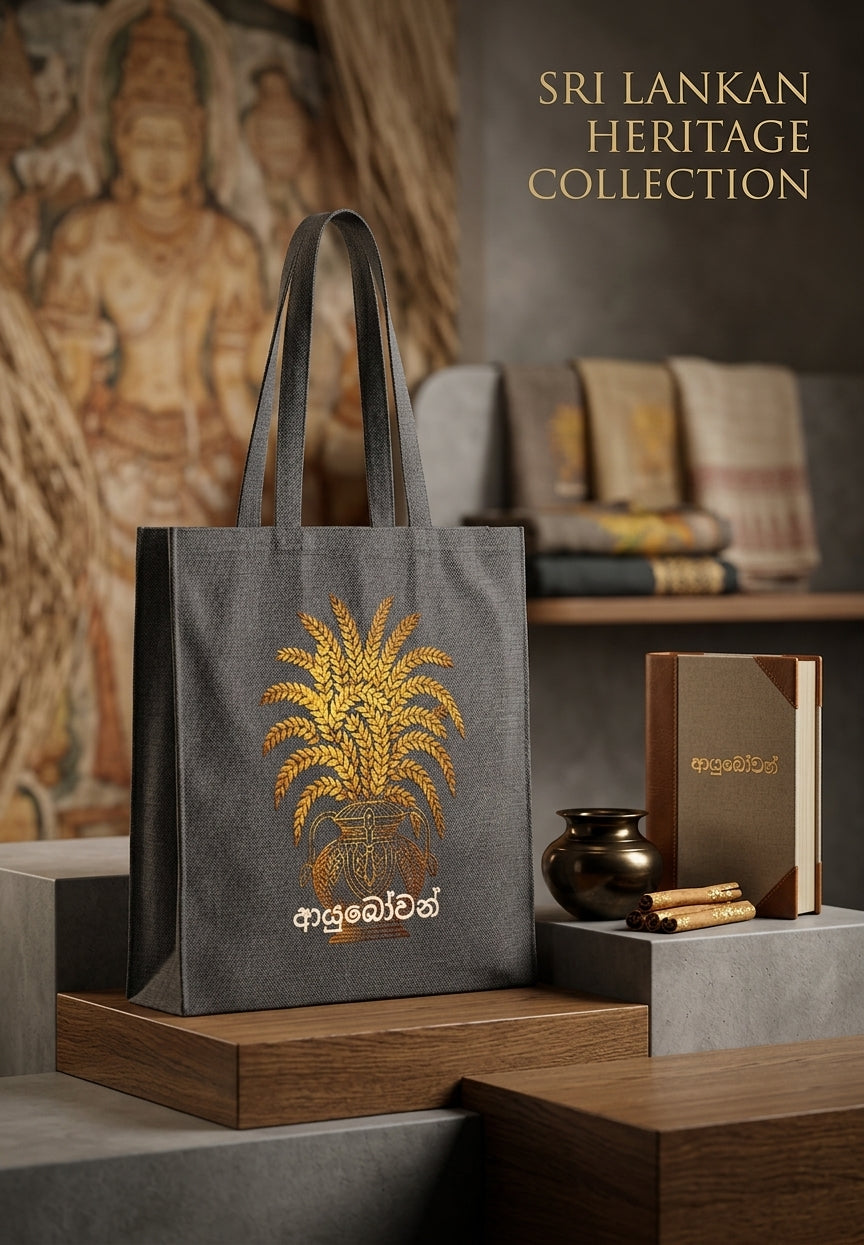 Ayubowan Canvas Tote Bag Sri Lankan Punkalasa Gold Blessing May You Live Long Cotton Shopper
