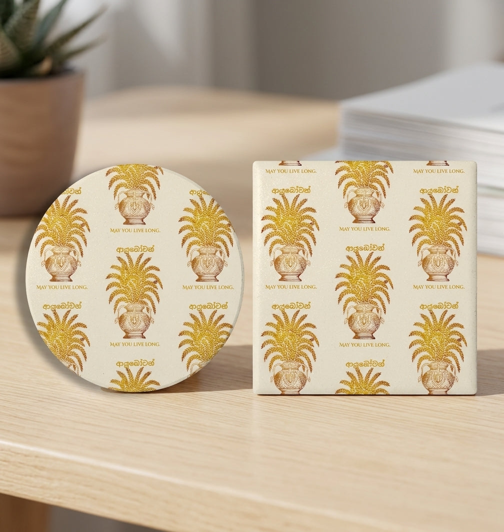 Ayubowan Ceramic Coaster Sri Lankan Punkalasa Gold Blessing Repeat Pattern Drink Coaster