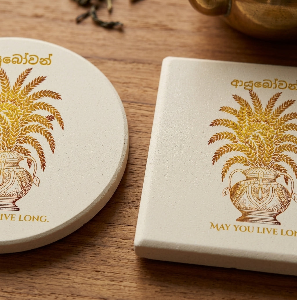 Ayubowan Punkalasa Round Ceramic Coaster Sri Lankan Gold Blessing May You Live Long Drink Coaster