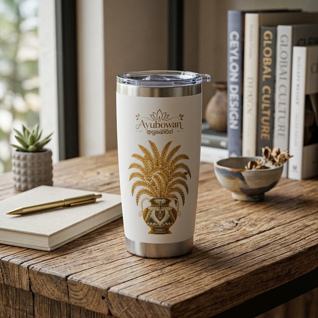 Ayubowan Punkalasa Travel Tumbler Sri Lankan Gold Blessing White 20oz Stainless Steel Cup