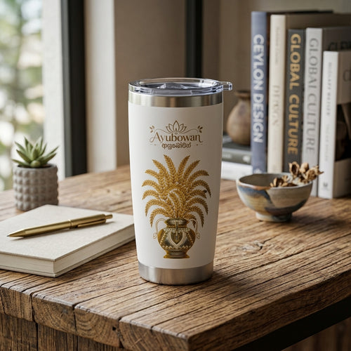 Ayubowan Punkalasa Travel Tumbler Sri Lankan Gold Blessing White 20oz Stainless Steel Cup