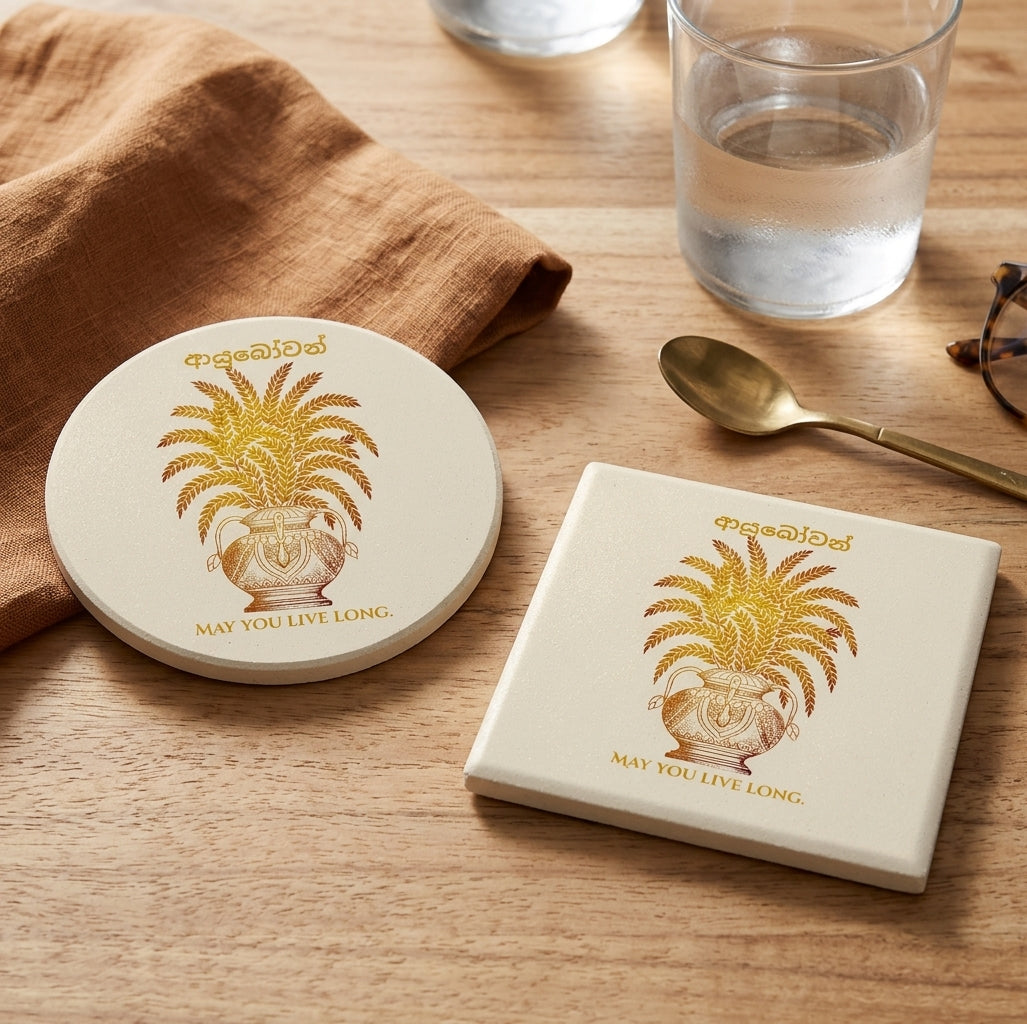 Ayubowan Punkalasa Round Ceramic Coaster Sri Lankan Gold Blessing May You Live Long Drink Coaster