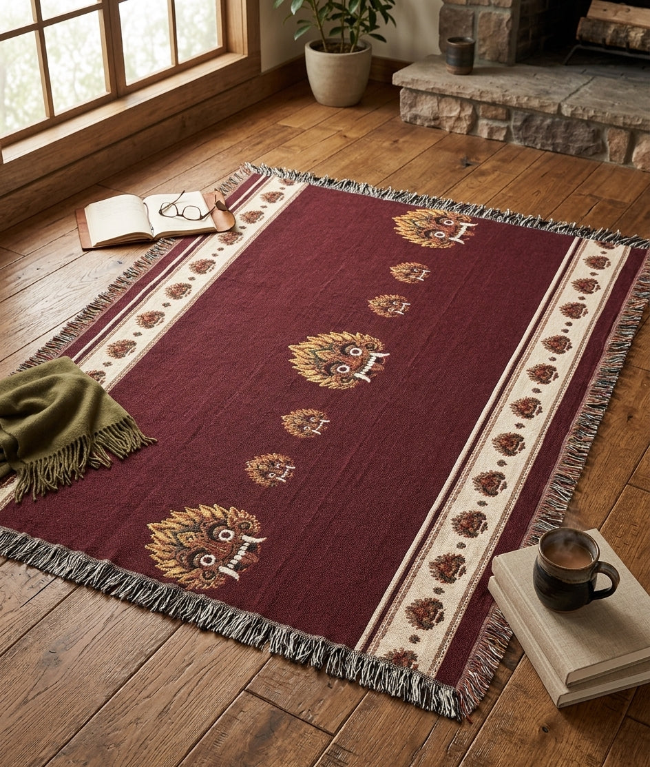 Raksha Mask Woven Throw Blanket Sri Lankan Devil Dance Heritage Fringe Blanket