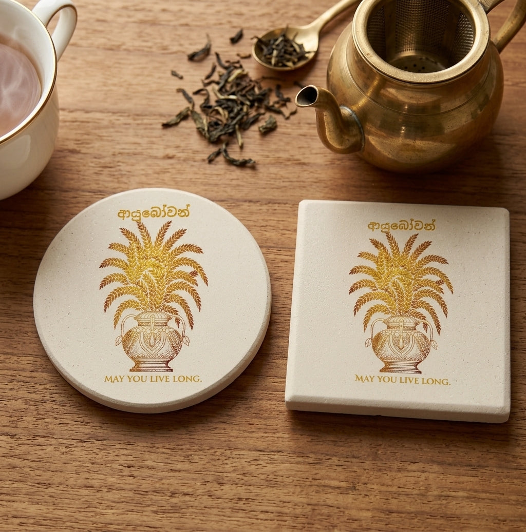 Ayubowan Punkalasa Round Ceramic Coaster Sri Lankan Gold Blessing May You Live Long Drink Coaster