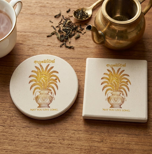 Ayubowan Punkalasa Round Ceramic Coaster Sri Lankan Gold Blessing May You Live Long Drink Coaster