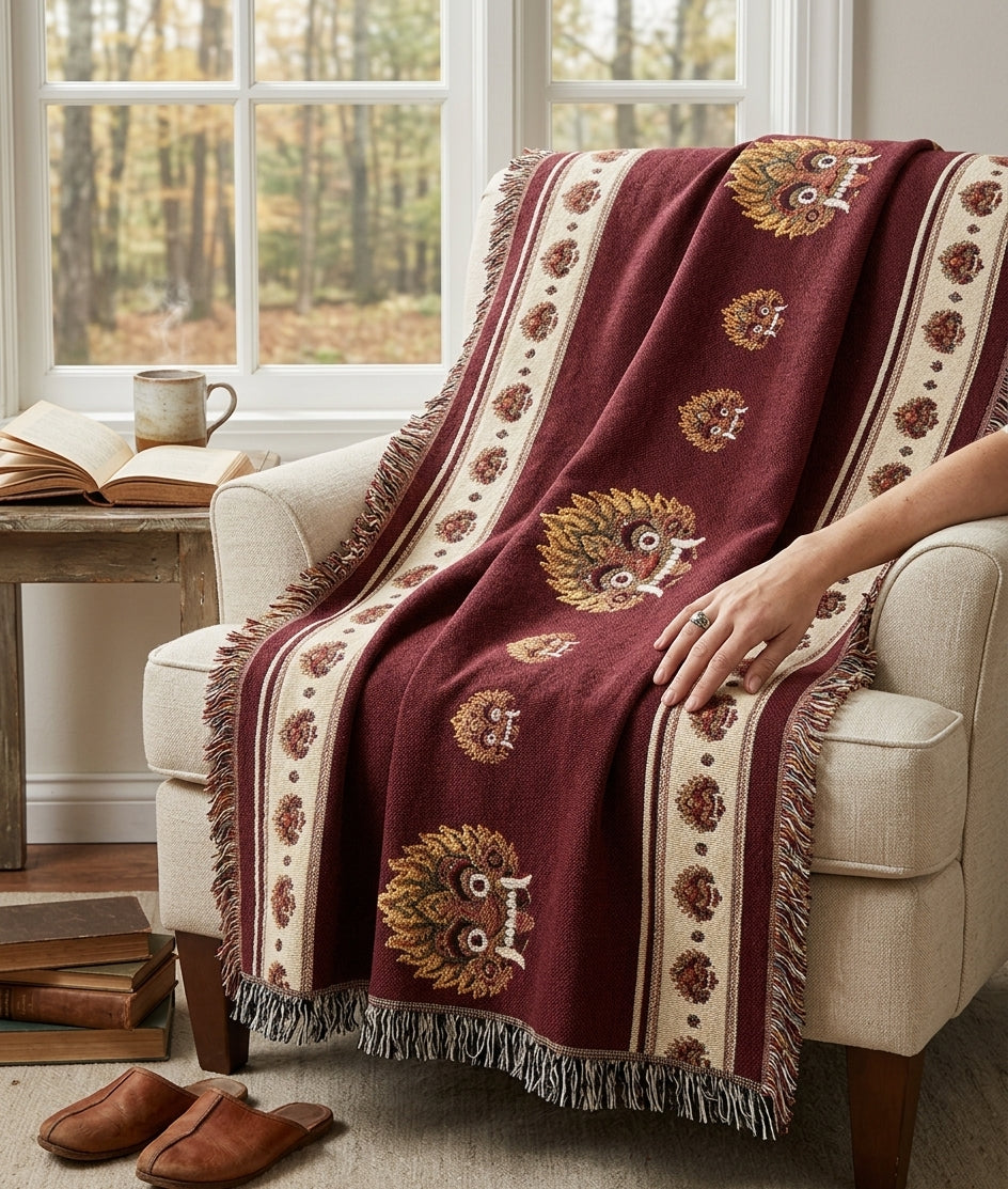 Raksha Mask Woven Throw Blanket Sri Lankan Devil Dance Heritage Fringe Blanket