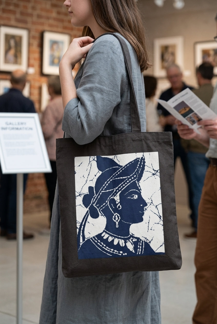 Ceylon Dancer Batik Canvas Tote Bag Sri Lankan Sigiriya Apsara Black Shopper
