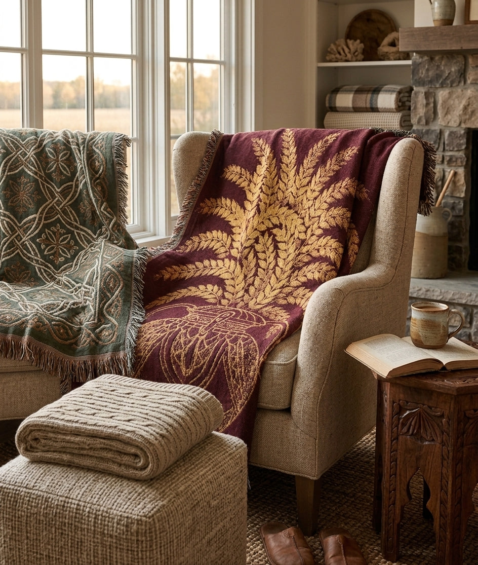 Punkalasa Woven Throw Blanket Sri Lankan Heritage Burgundy Gold Cotton Fringe Blanket