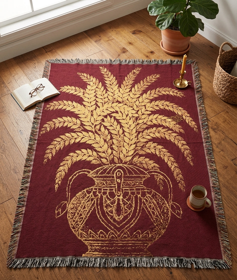 Punkalasa Woven Throw Blanket Sri Lankan Heritage Burgundy Gold Cotton Fringe Blanket
