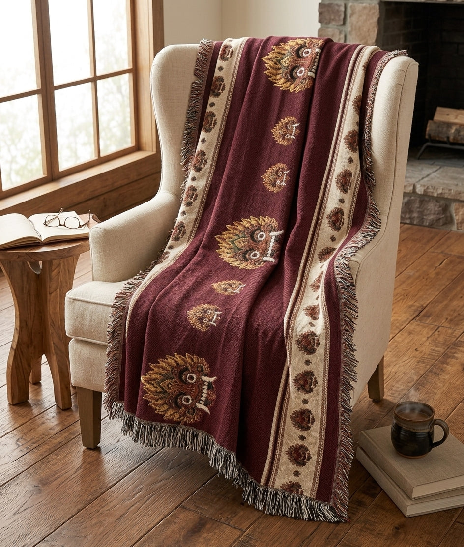 Raksha Mask Woven Throw Blanket Sri Lankan Devil Dance Heritage Fringe Blanket