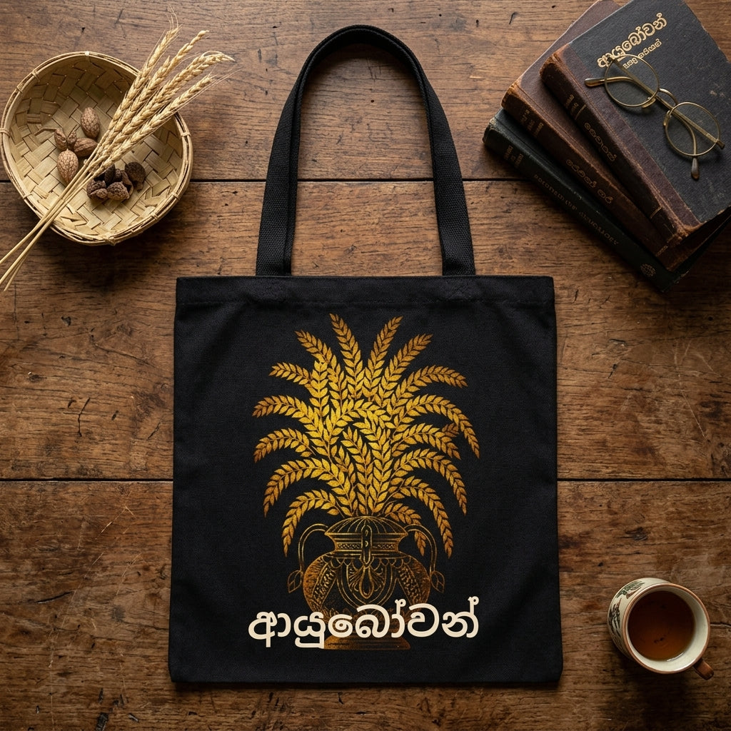 Ayubowan Black Canvas Tote Bag Sri Lankan Punkalasa Gold Blessing Sinhala Script Shopper
