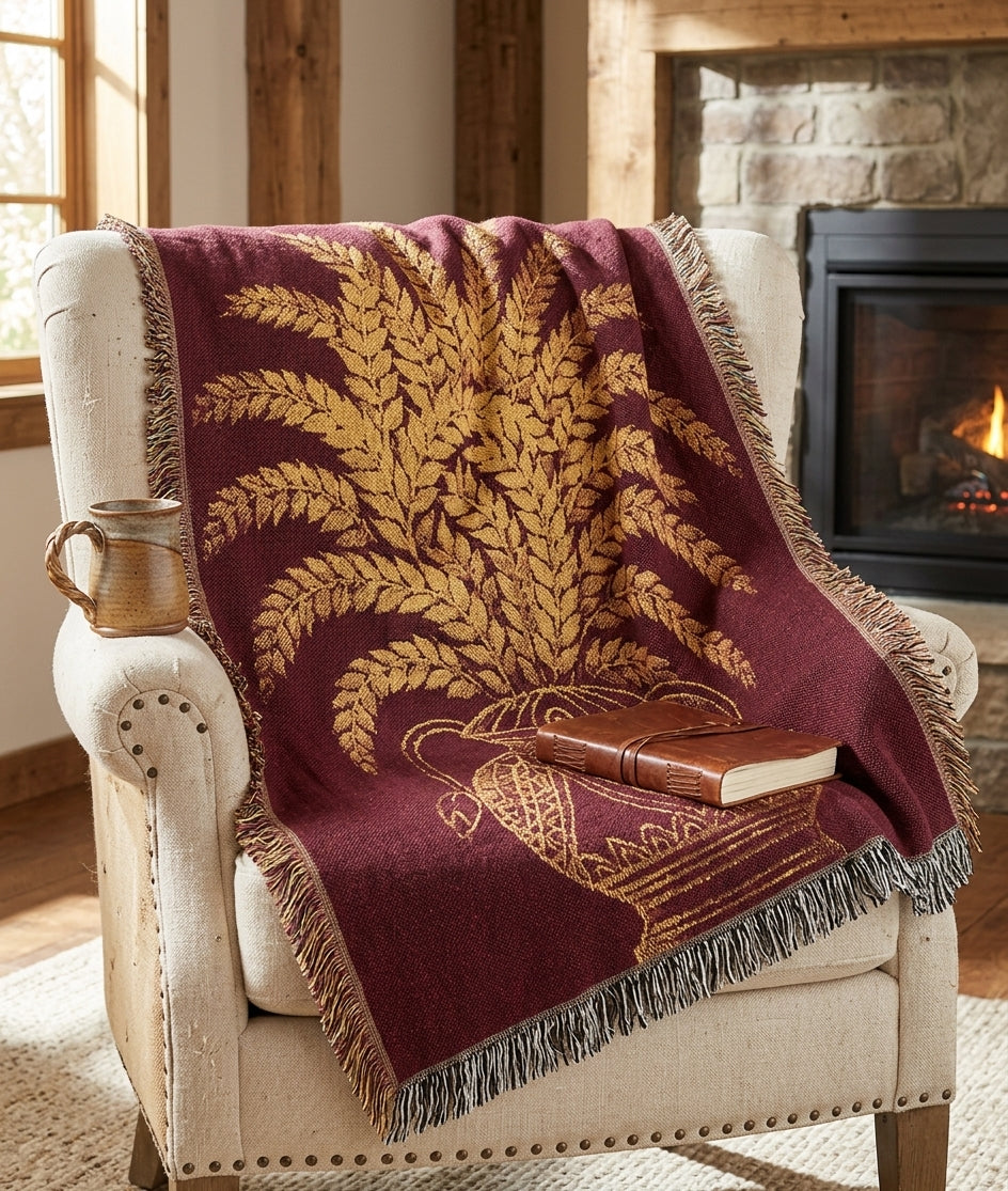 Punkalasa Woven Throw Blanket Sri Lankan Heritage Burgundy Gold Cotton Fringe Blanket