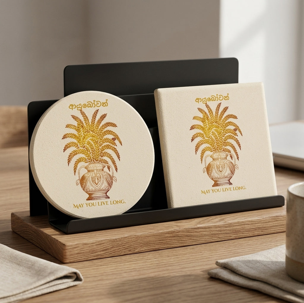 Ayubowan Punkalasa Round Ceramic Coaster Sri Lankan Gold Blessing May You Live Long Drink Coaster