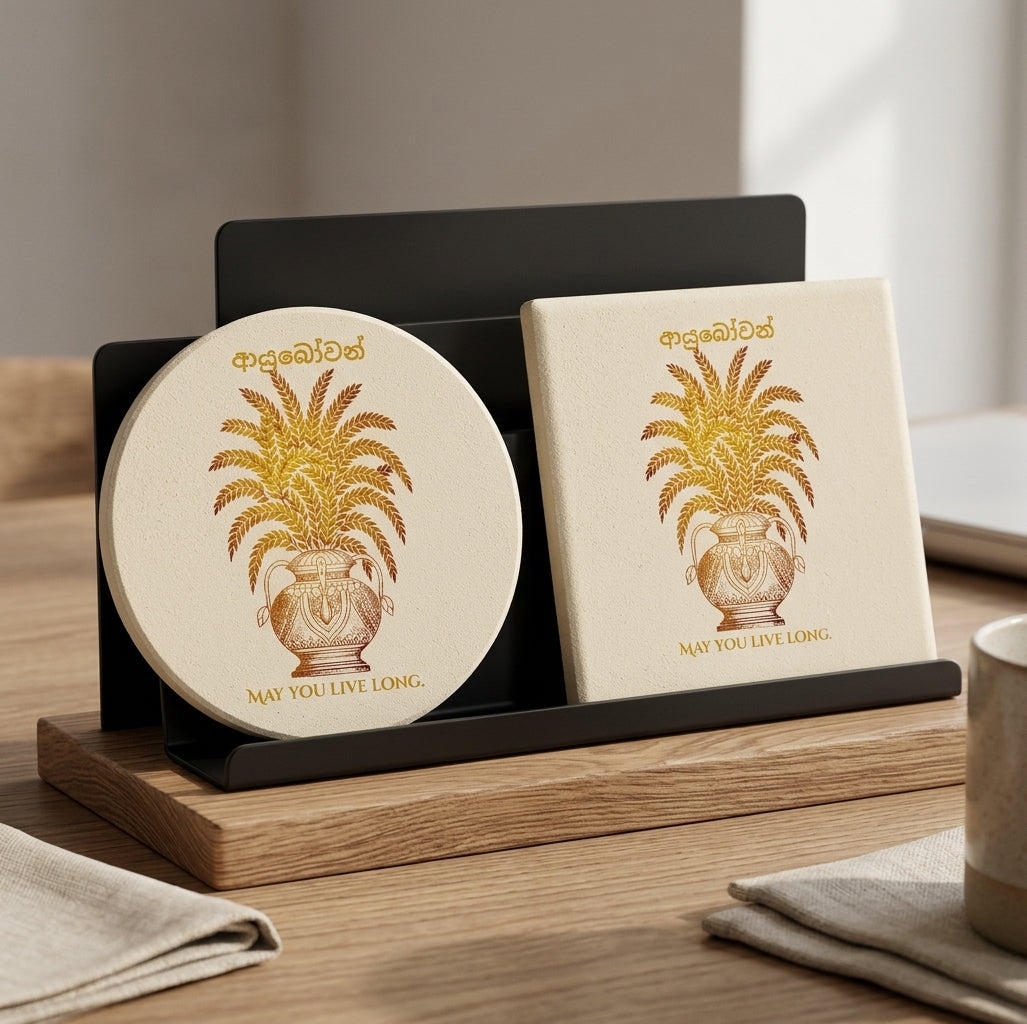 Ayubowan Punkalasa Round Ceramic Coaster Sri Lankan Gold Blessing May You Live Long Drink Coaster