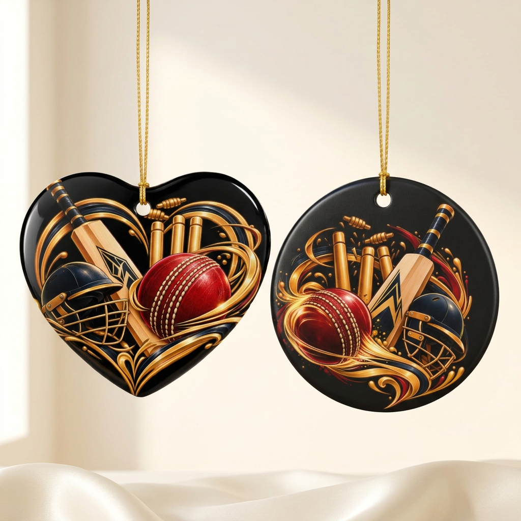 Cricket Heart Ornament  Ceramic Sports Decoration with Bat, Ball & Helmet