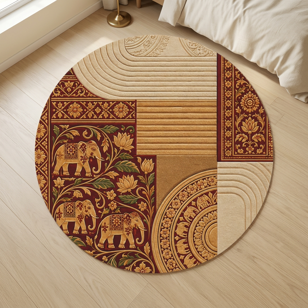 Sri Lankan Elephant & Lotus Round Rug | Heritage Gold