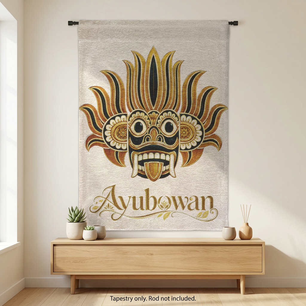 Ayubowan Raksha Mask Woven Wall Tapestry | Sri Lankan Gift