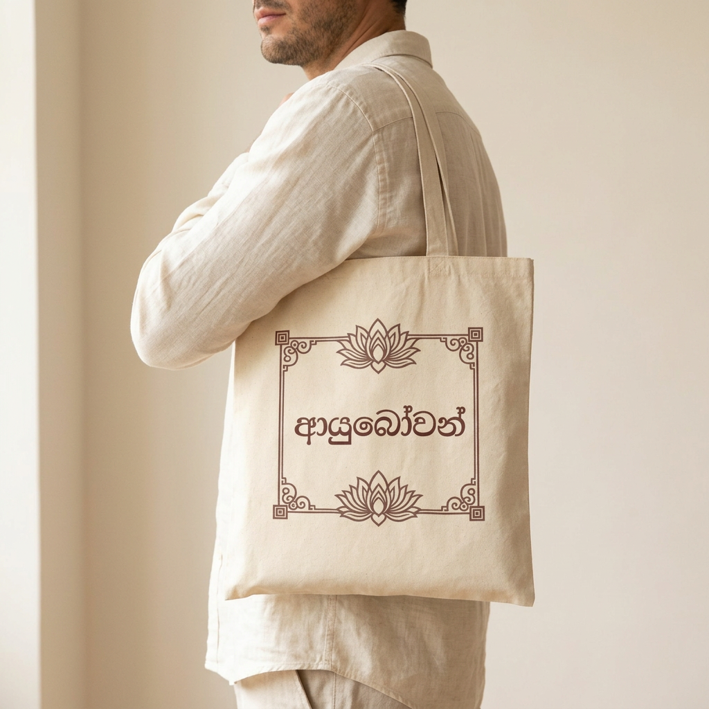 Ayubowan Lotus Canvas Tote Bag | Sinhala Script Gift