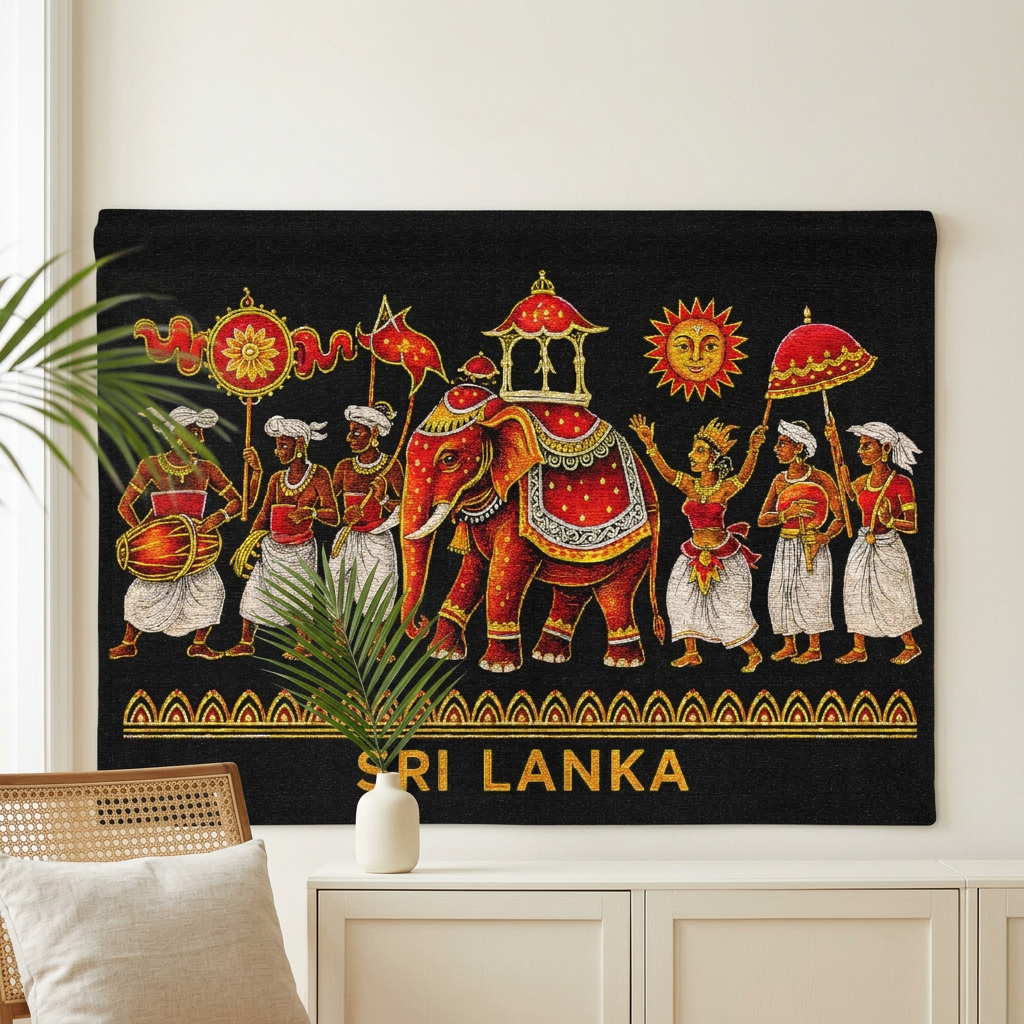 Sri Lanka Perahera Woven Wall Tapestry | Black & Gold Decor