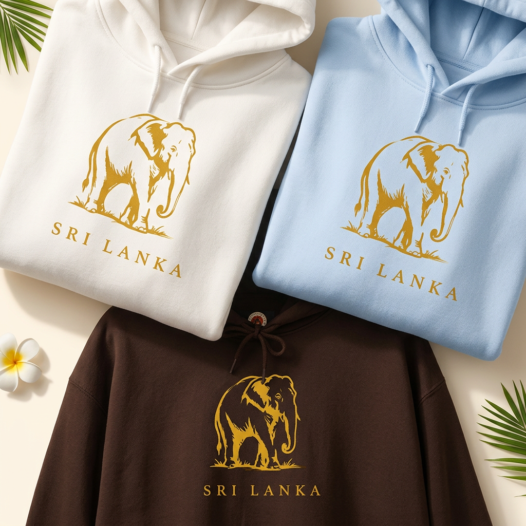 Close-up of three Sri Lanka elephant hoodie designs