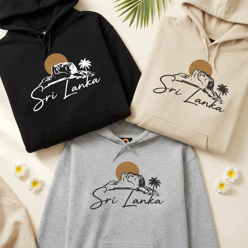 Close-up of three Sri Lanka hoodies with matching tropical elements