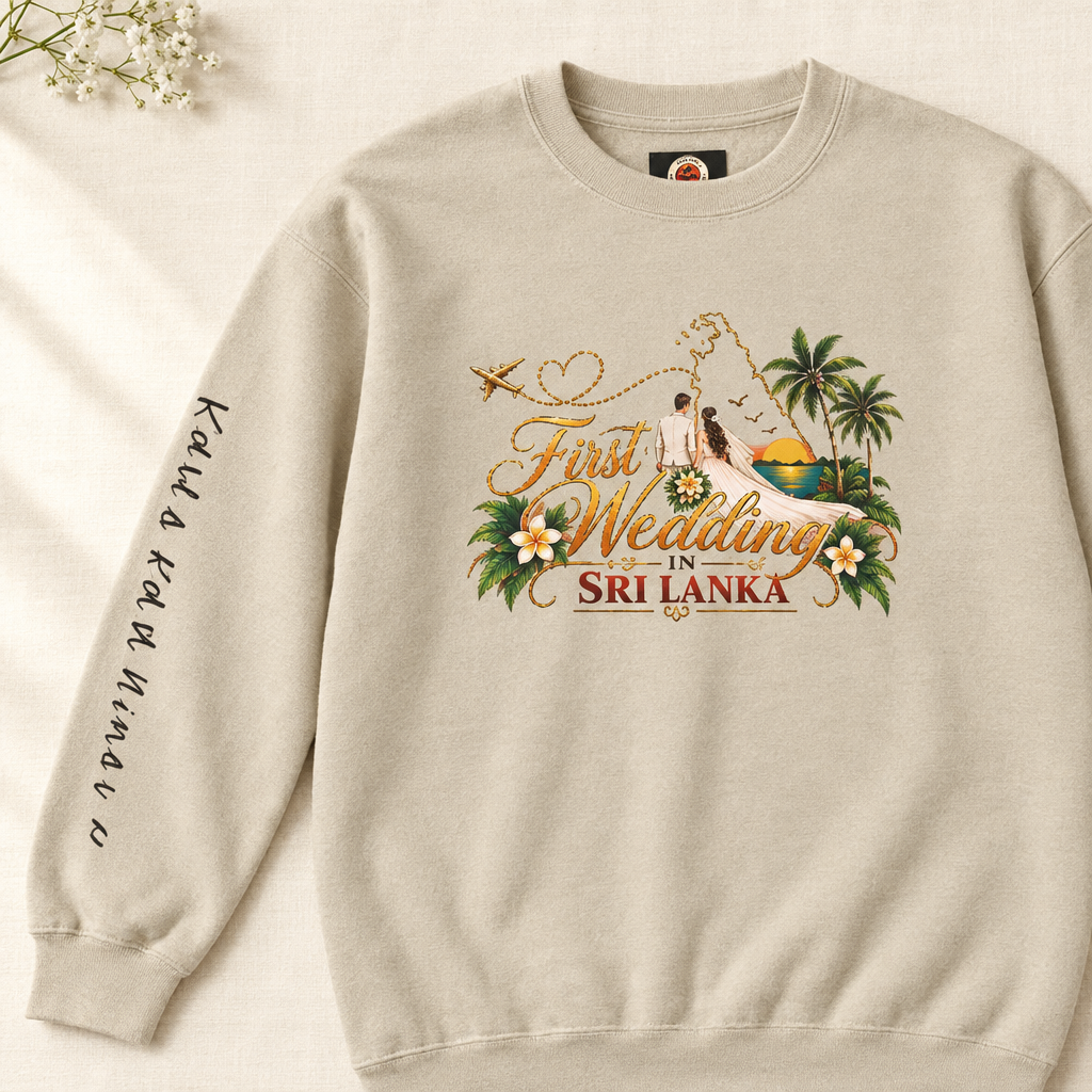 Close-up sand wedding sweatshirt mockup with visible sleeve personalization