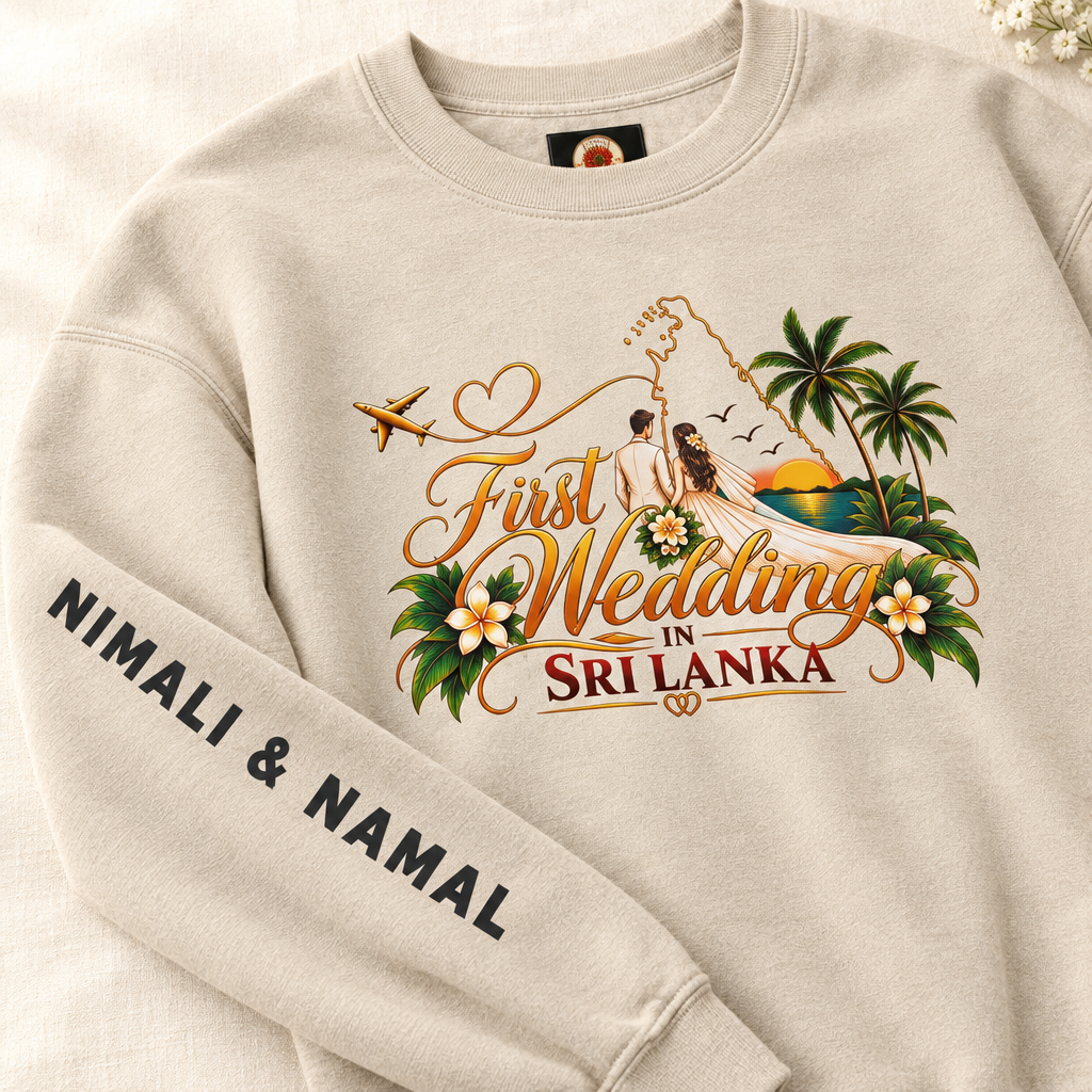 Close-up wedding sweatshirt mockup showing artwork and personalized sleeve names