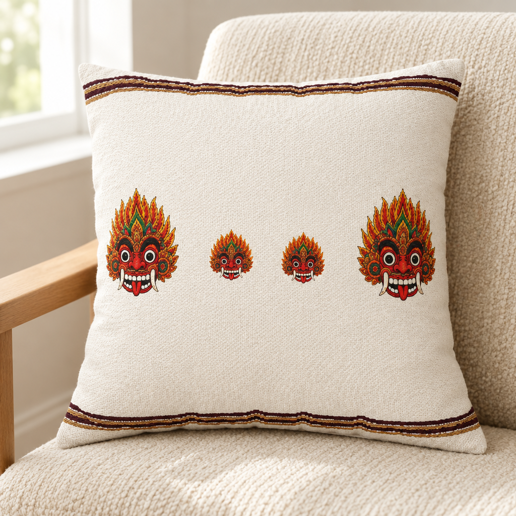 Cream square cushion with four Raksha masks and border bands on a cream chair — Ceylon Culture Vibes