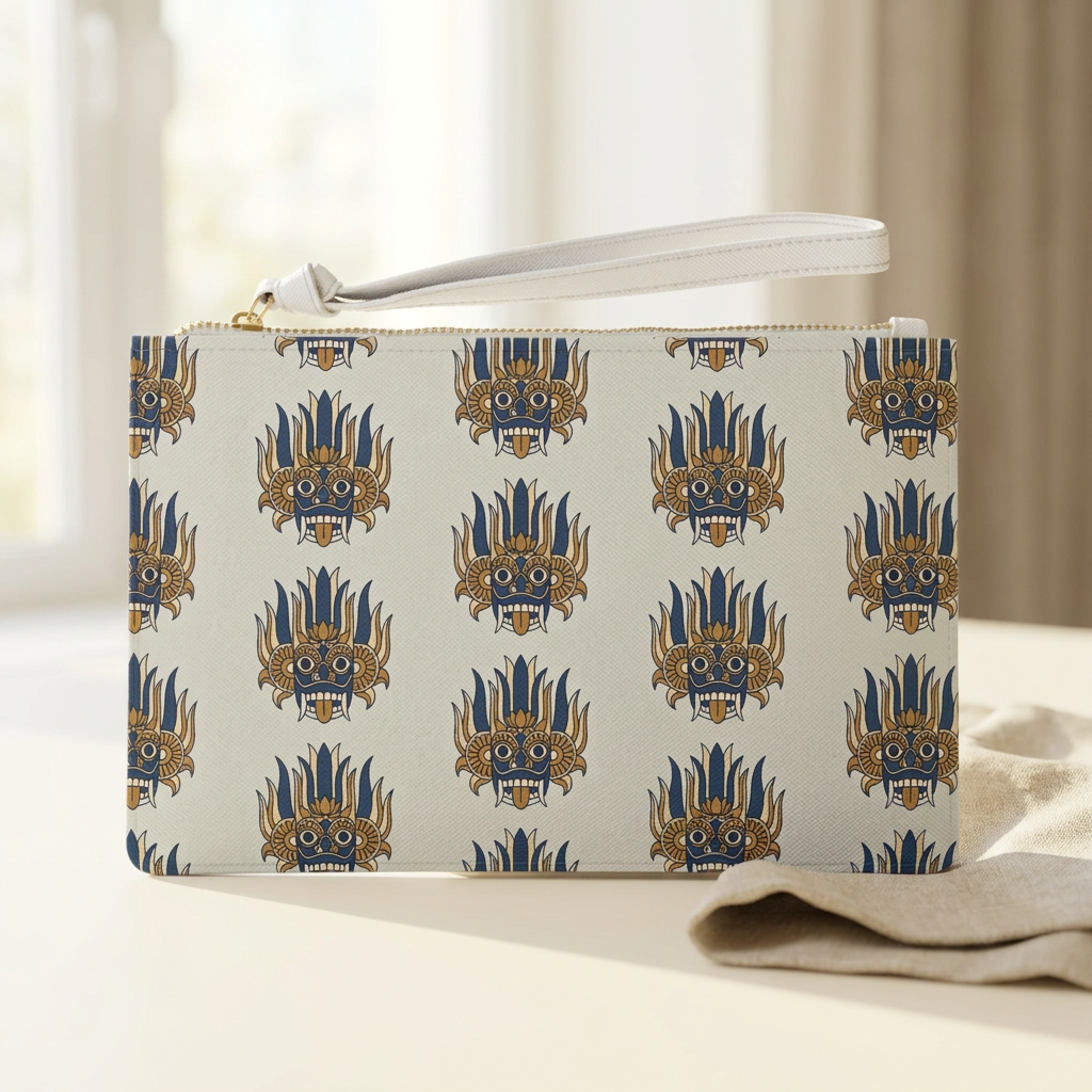 Sri Lankan Raksha Mask Clutch Bag Navy & Gold Wristlet