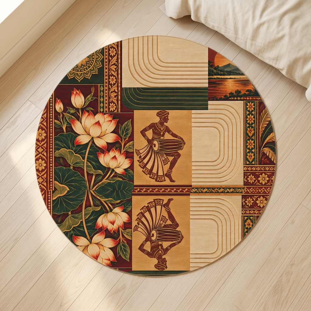 Sri Lankan Lotus & Traditional Drummer Round Rug