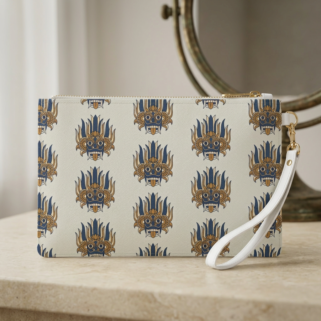 Sri Lankan Raksha Mask Clutch Bag Navy & Gold Wristlet
