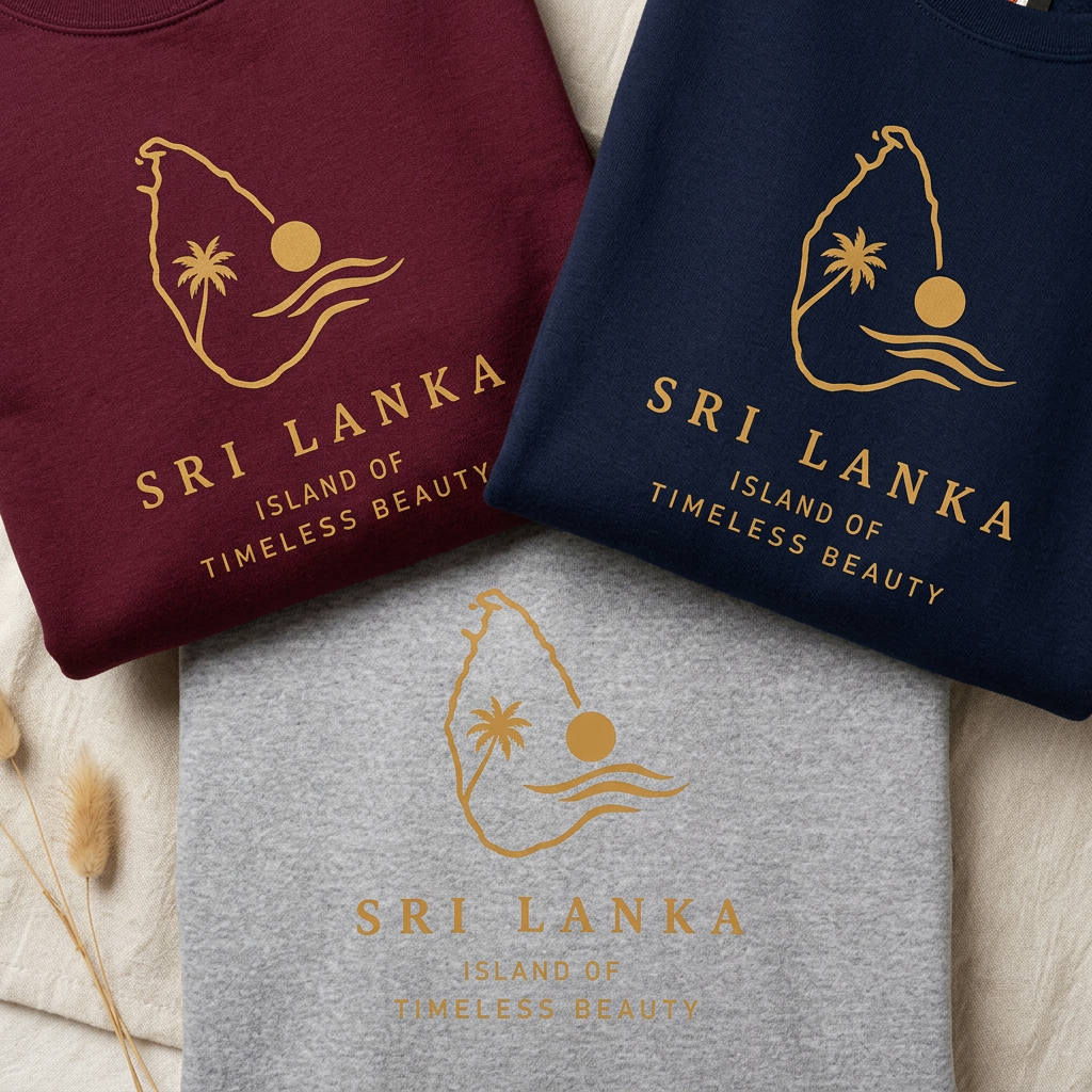 Extreme close-up of three Sri Lanka sweatshirt designs with minimal linen styling