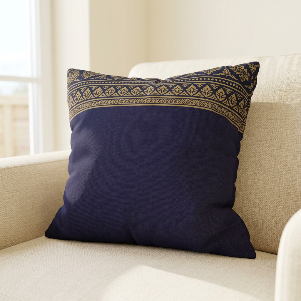 Navy & Gold Border Cushion Cover Sri Lankan Gift Pillowcase