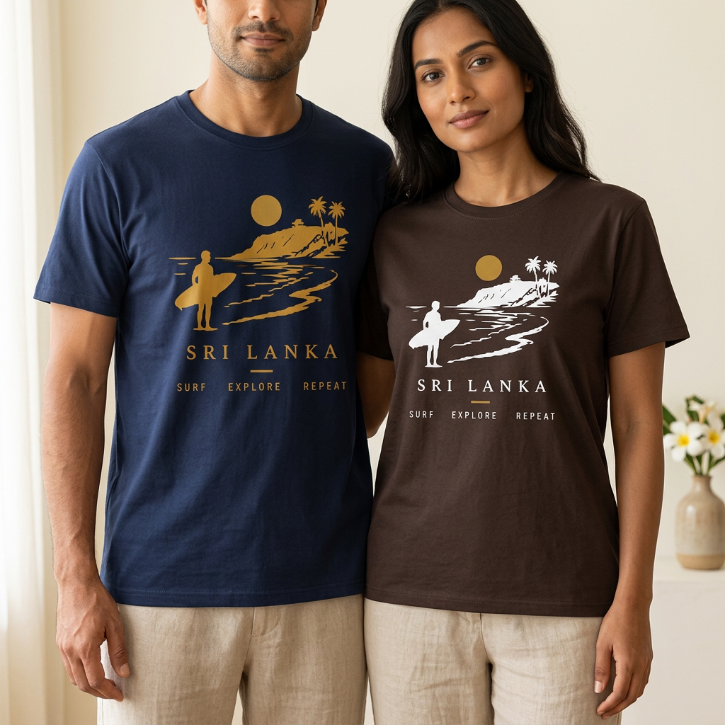 Husband and wife wearing Sri Lanka surf tees in a square lifestyle mockup
