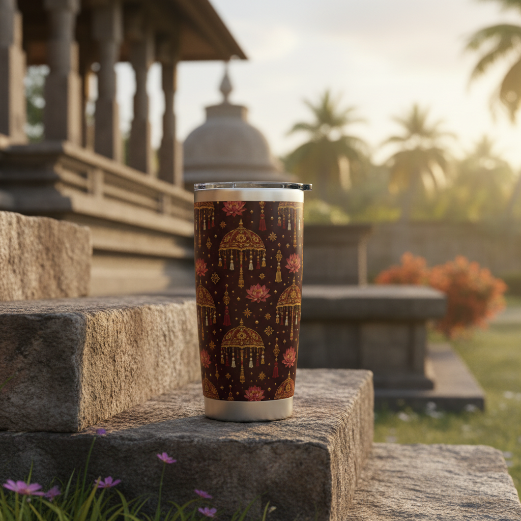 Sri Lanka Sesath Umbrella Lotus Tumbler 20oz temple steps outdoor — Kandyan Heritage Collection — Ceylon Culture Vibes