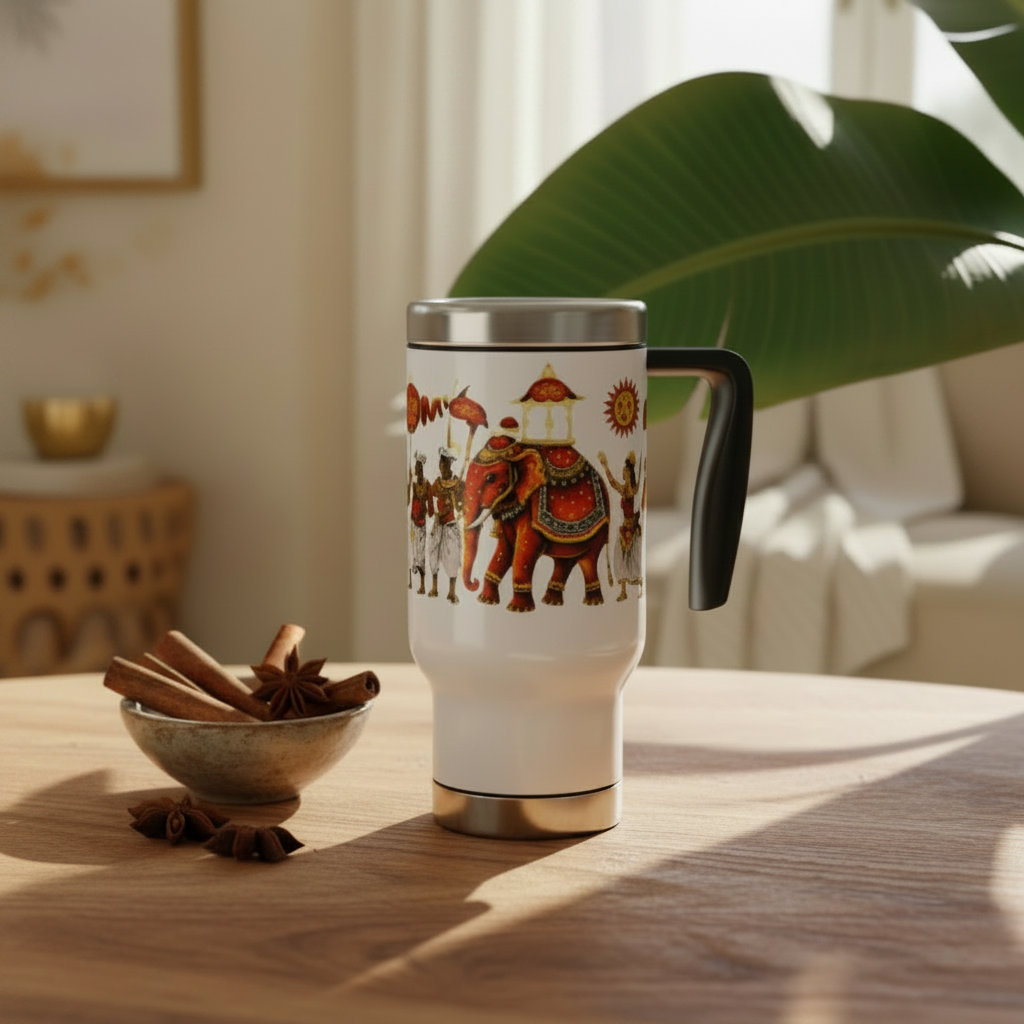 Maximum close-up full view lifestyle shot of Perahera elephant travel mug on tropical wooden surface — Ceylon Culture Vibes