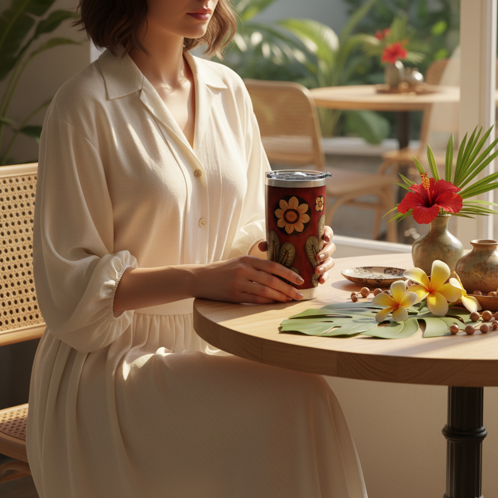 Sri Lanka Culture Floral Design Tumbler 20oz café lifestyle — Ceylon Memories Collection — Ceylon Culture Vibes