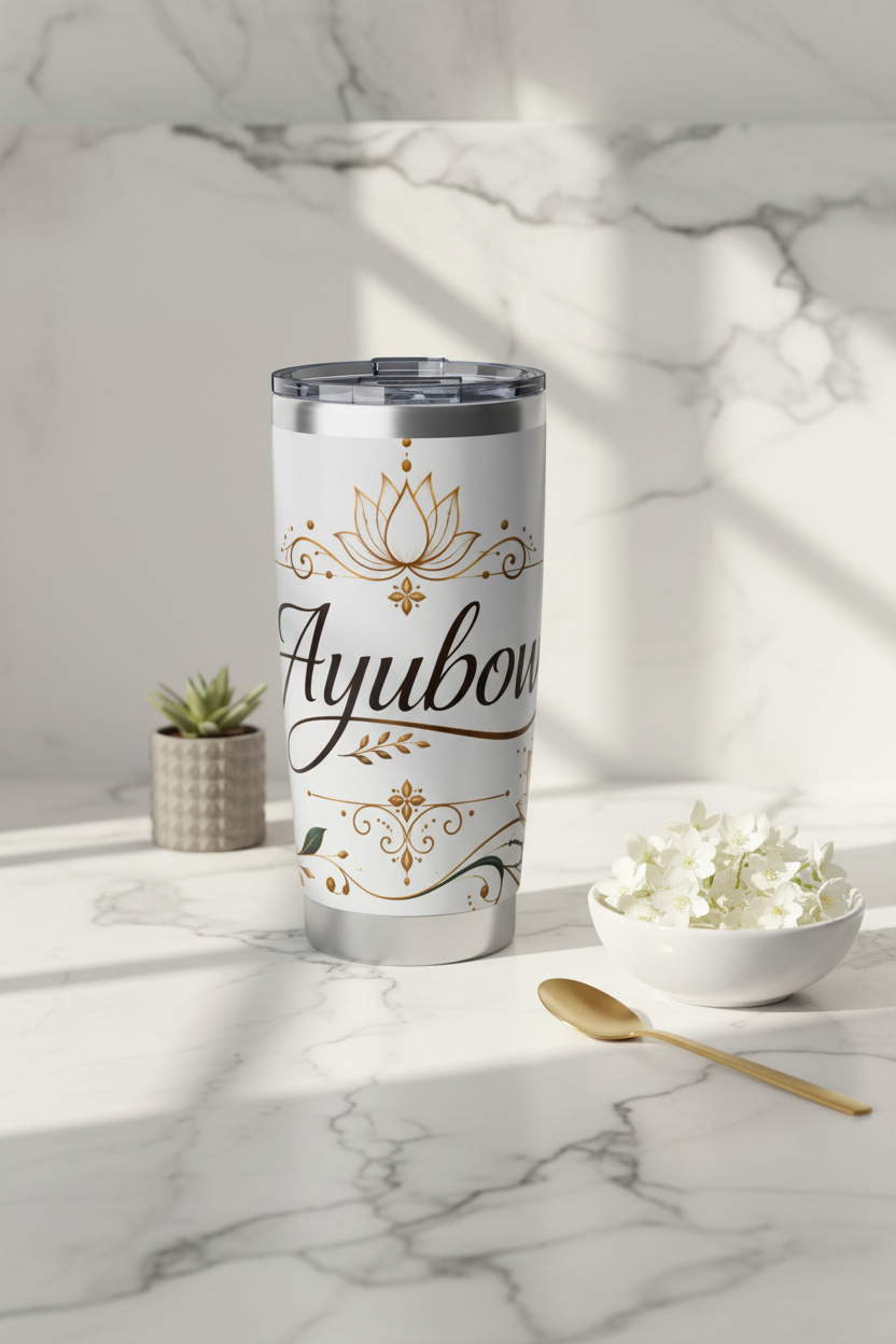 Ayubowan gold lotus tumbler on marble countertop with jasmine flowers — Ayubowan Collection — Ceylon Culture Vibes