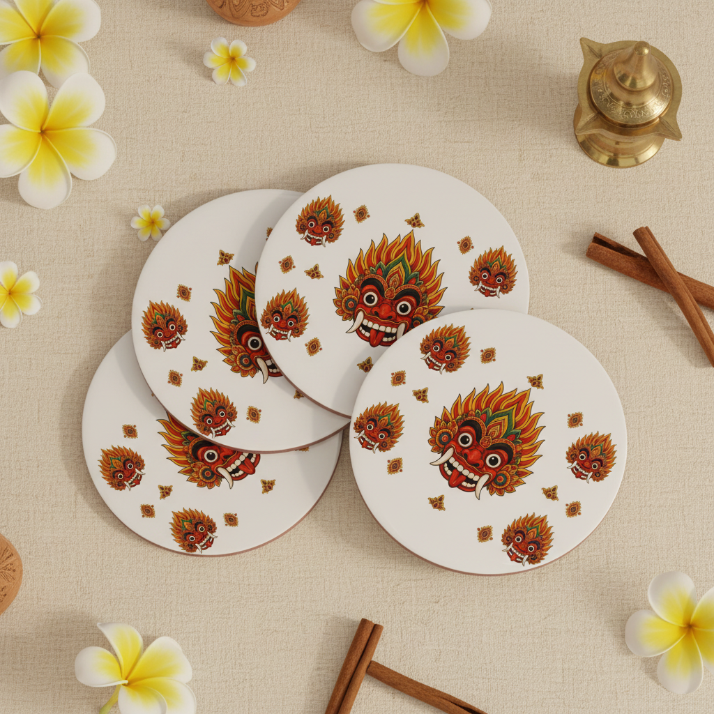 Raksha mask round coaster set of four fanned on ivory linen with frangipani — Raksha Collection — Ceylon Culture Vibes