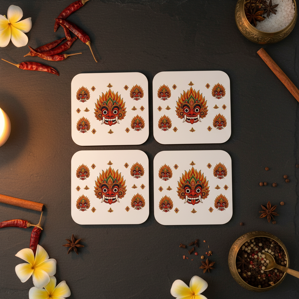 Raksha mask square coaster set of four in 2x2 grid on dark slate with spices — Raksha Collection — Ceylon Culture Vibes