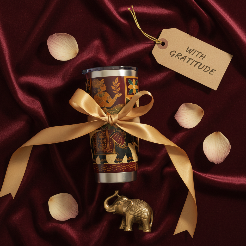 Ceylon batik elephant 20oz tumbler gift flat lay on burgundy velvet with gold ribbon and brass elephant — Batik Collection — Ceylon Culture Vibes
