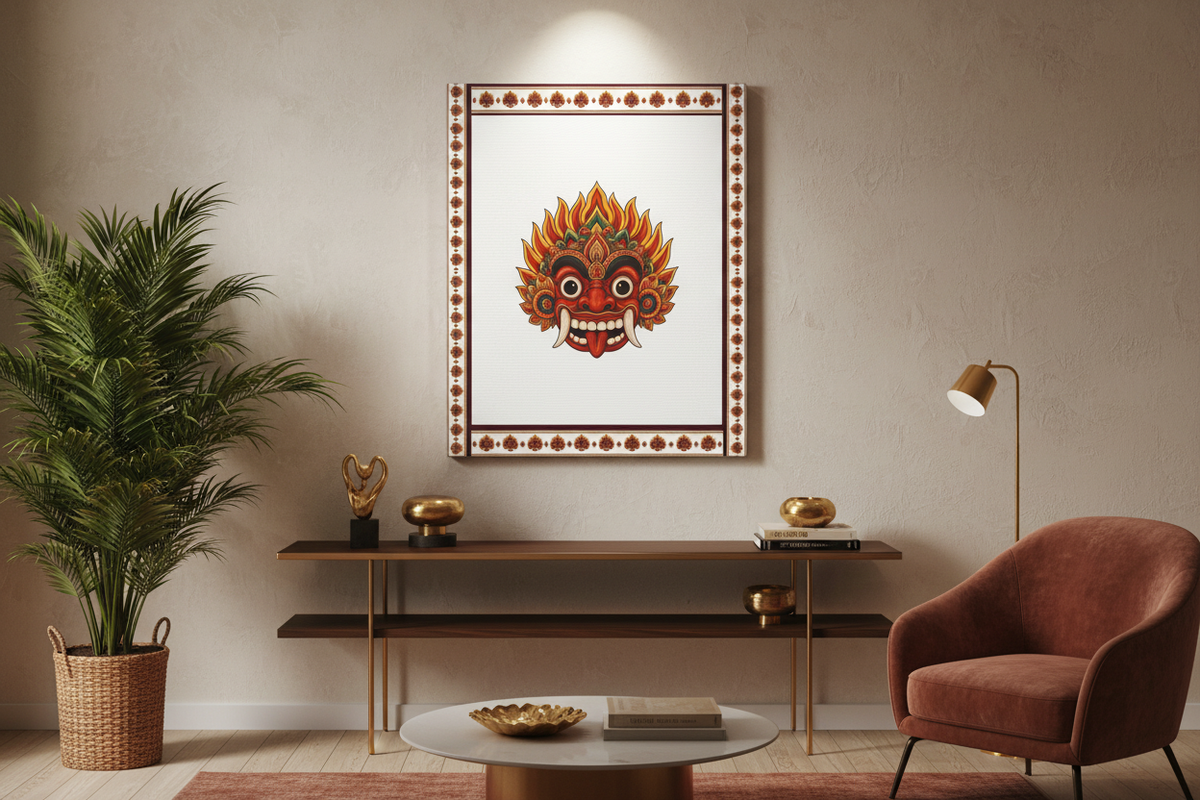 Raksha mask stretched canvas as hero wall art in dramatic spotlight living room — Raksha Collection — Ceylon Culture Vibes