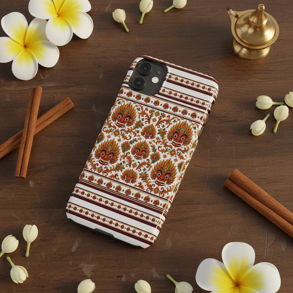 Raksha floral folk mask slim phone case Sri Lankan cultural flat lay — Raksha Collection — Ceylon Culture Vibes