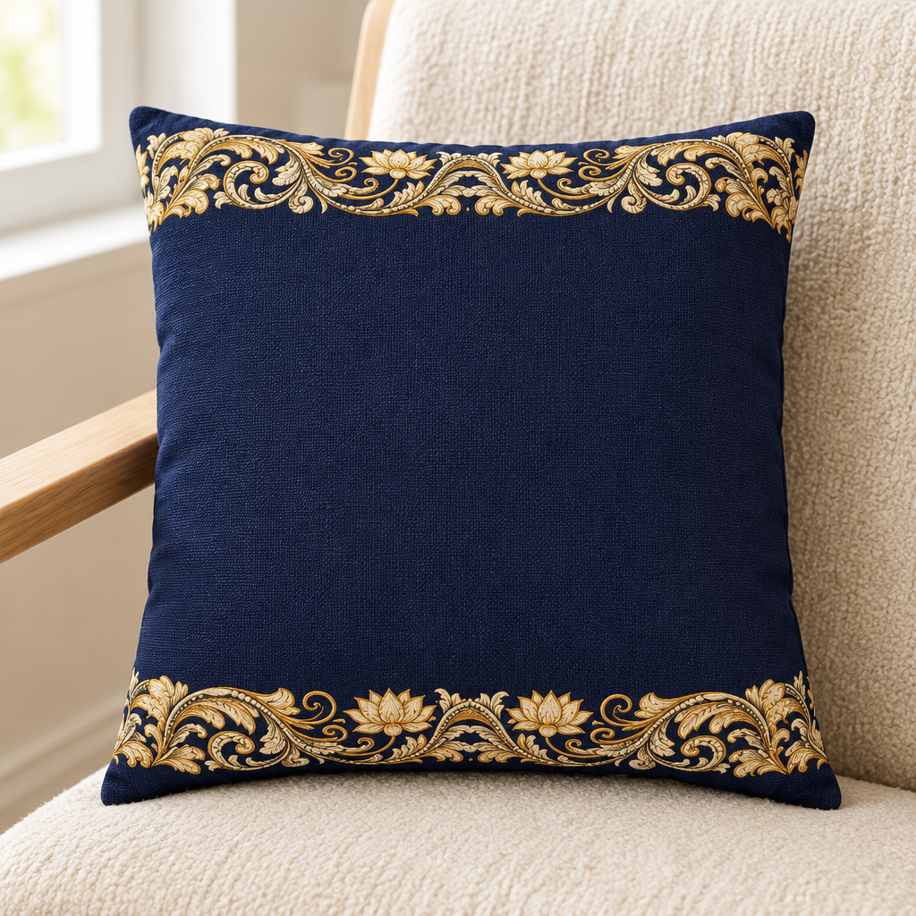 Navy square cushion with gold floral borders on a cream chair — Ceylon Culture Vibes