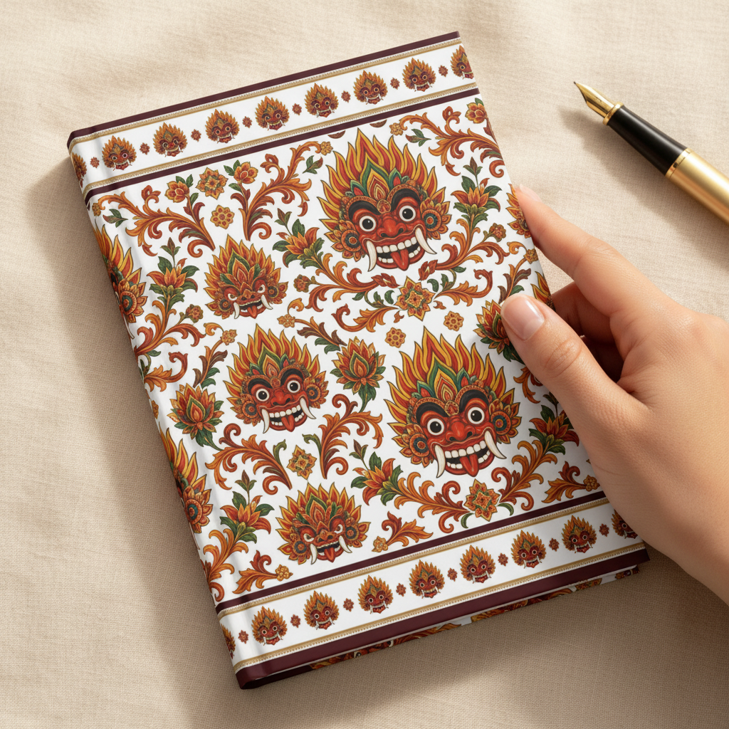 Hardcover journal with Raksha mask design — close-up cover detail — Raksha Collection — Ceylon Culture Vibes