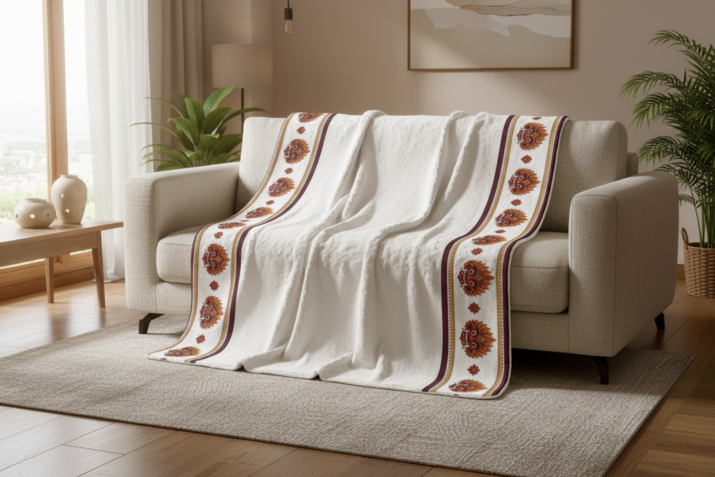Raksha Mask Border Sherpa Fleece Blanket draped over sofa — Ceylon Culture Vibes