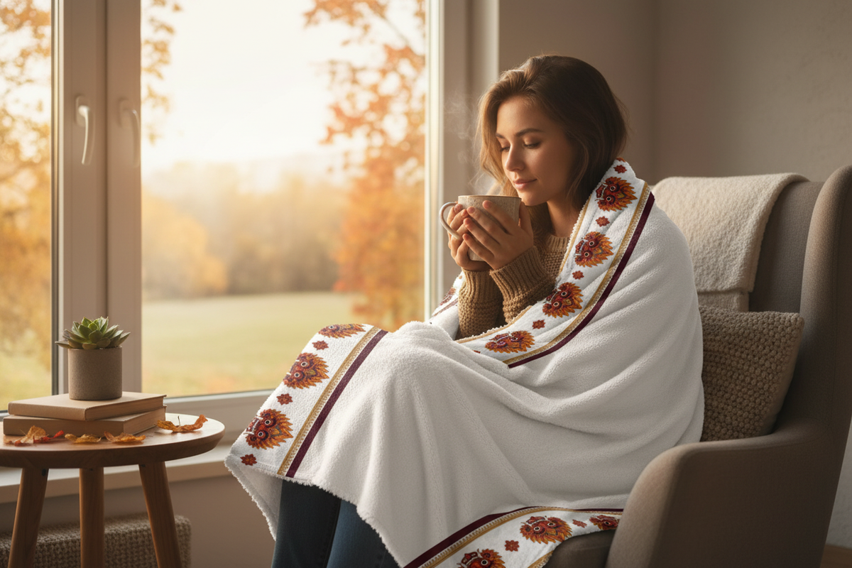Person wrapped in Raksha Mask Border Sherpa Fleece Blanket by window — Ceylon Culture Vibes