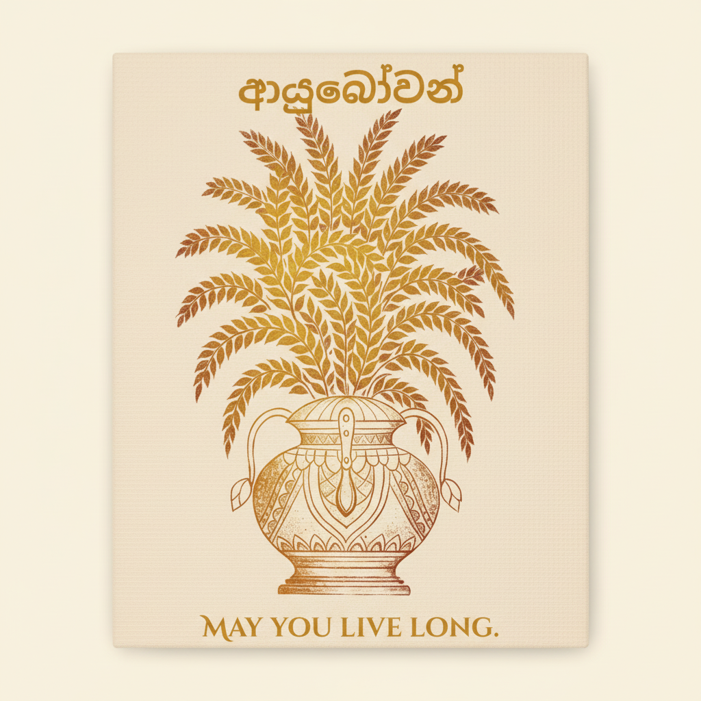 Ayubowan Punkalasa gold on black matte canvas wall art — Sri Lankan blessing print — Ceylon Culture Vibes